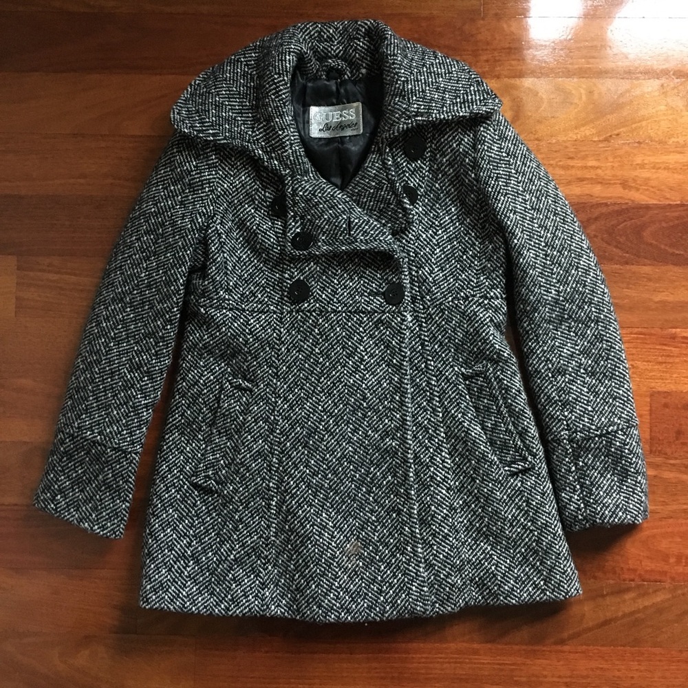 Guess Black and White Plaid Wool Peacoat - SP